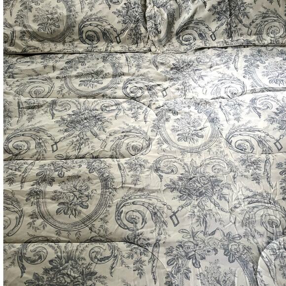 Vintage French country Toile‎ Cream Blue Queen Quilt Comforter Bedspread 2 Shams - Picture 6 of 10